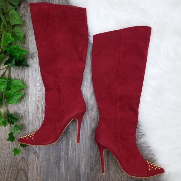 Shoe Dazzle Spike Stud Stiletto Heel Knee High Boots Size 9.5 Burgundy - Picture 4 of 10